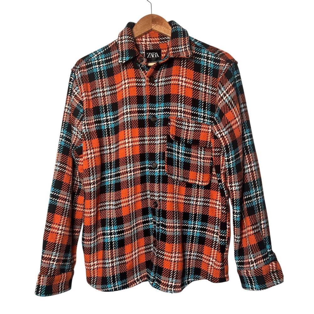 Zara Shirt Jacket M Orange Plaid Button Front Heavyweight Flannel Shacket